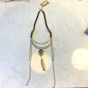 Brown suede silver color chain faux coral stone feather concho brand new